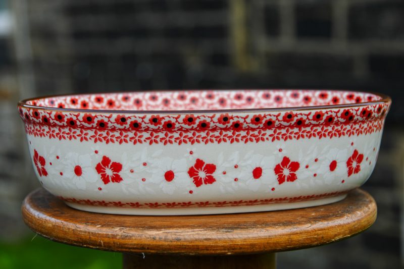 Polish Pottery Oval Dish Red and White Flowers by Ceramika Artystyczna.