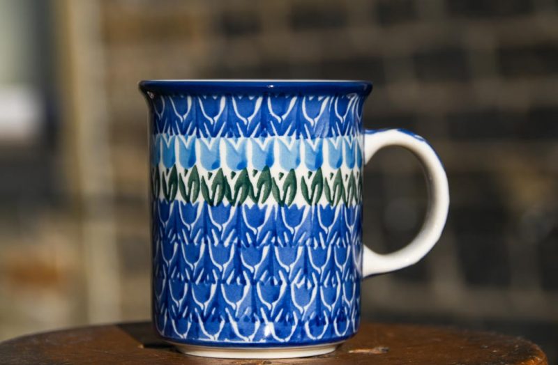 Polish Pottery Tea Mug in Blue Tulip Pattern by Ceramika Artystyczna.
