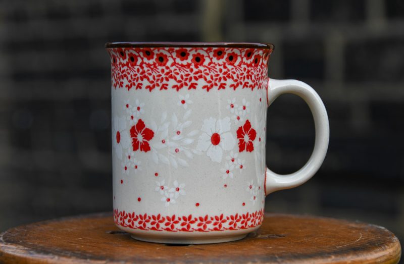 Polish Pottery Red and White Flowers Tea Mug by Ceramika Artystyczna.