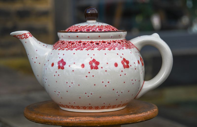 Polish Pottery Teapot for Four in Red and White Flowers pattern.