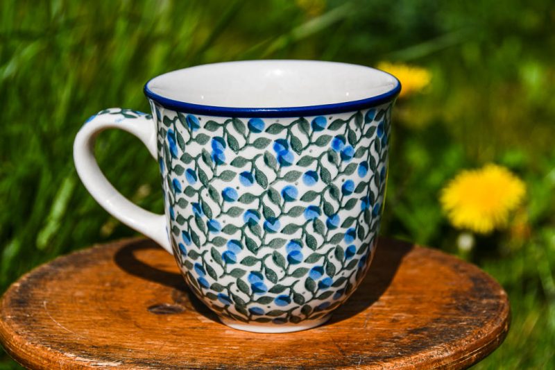 Polish Pottery Blue Berry Leaf Curved Mug by Ceramika Artystyczna.