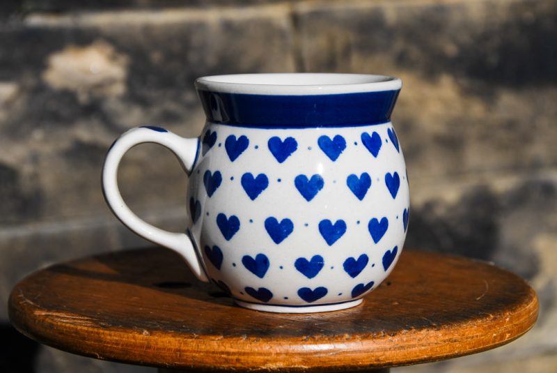 Small Blue Hearts pattern Small Mug by Ceramika Artystyczna Polish Pottery.