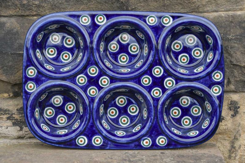 Polish pottery Bun Tin Peacock Leaf pattern by Ceramika Artystyczna