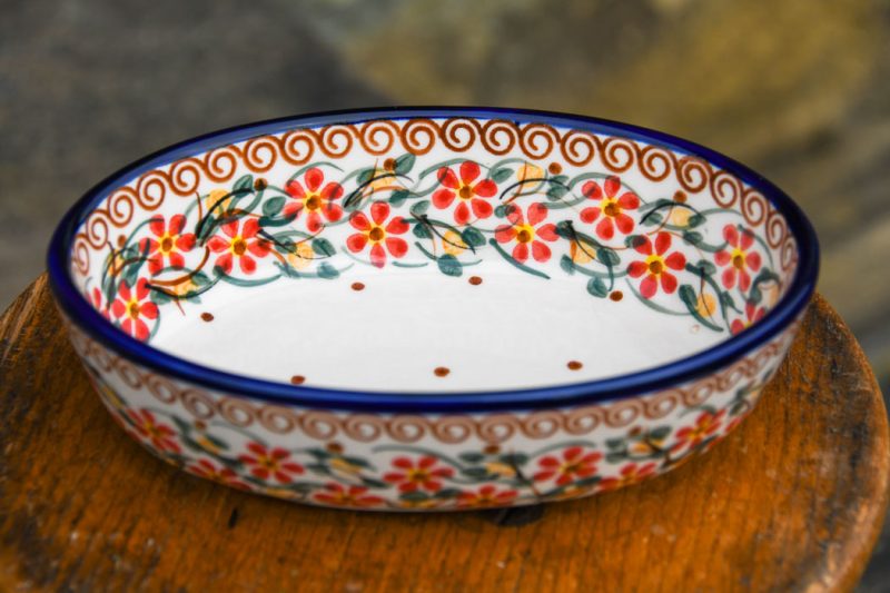 Polish Pottery Small Oval Serving Dish Red Daisy pattern by Ceramika Millena.