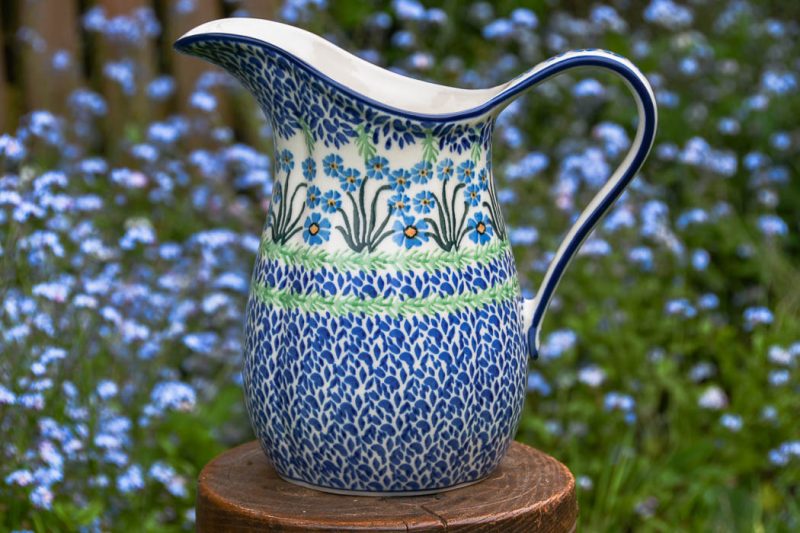 Polish Pottery Large Spout Jug in Forget Me Not pattern by Ceramika Artystyczna ceramics.