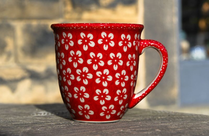 Polish Pottery White Flower on Red Large Curved Mug by Ceramika Manufaktura