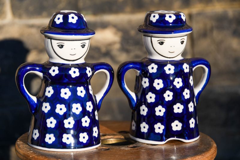 Polish Pottery Flower Spots pattern Salt and Pepper figures.