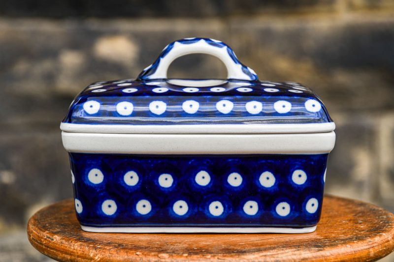 Polish Pottery Polkadot Blue Butter Box by Ceramika Artystyczna.