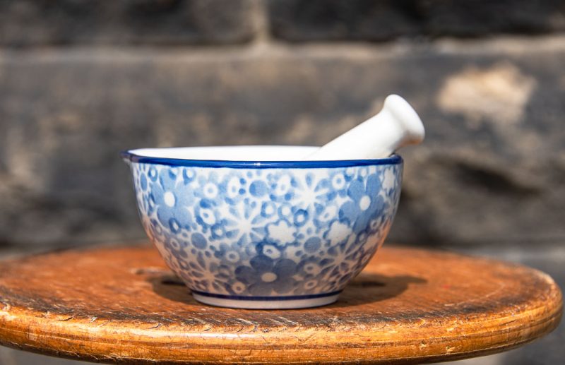 Polish Pottery Dusky Blue Flowers Pestle and Mortar.