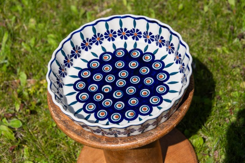 Polish Pottery Peacock Leaf pattern small flan dish by Ceramika Manufaktura