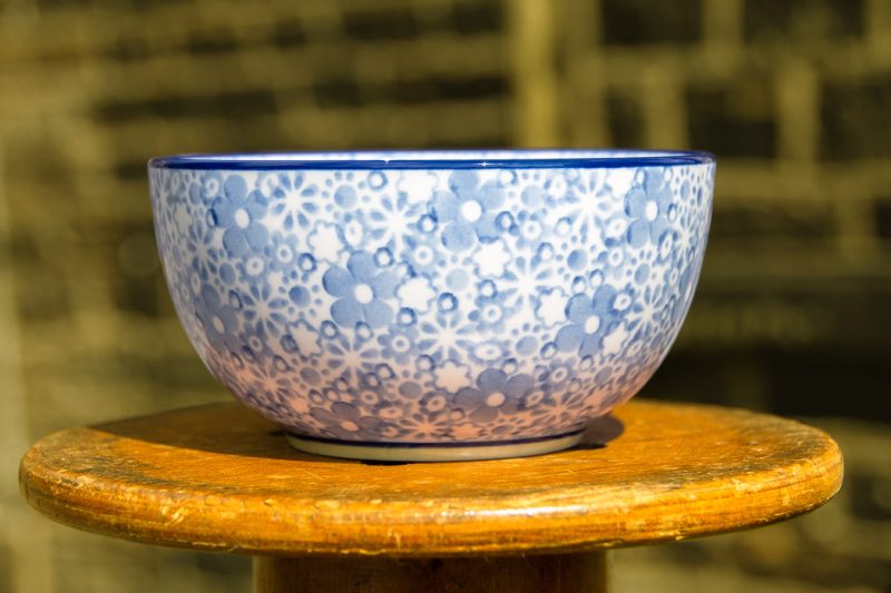 Polish Pottery Dusky Blue Flowers Cereal Bowl by Ceraqmika Artystyczna