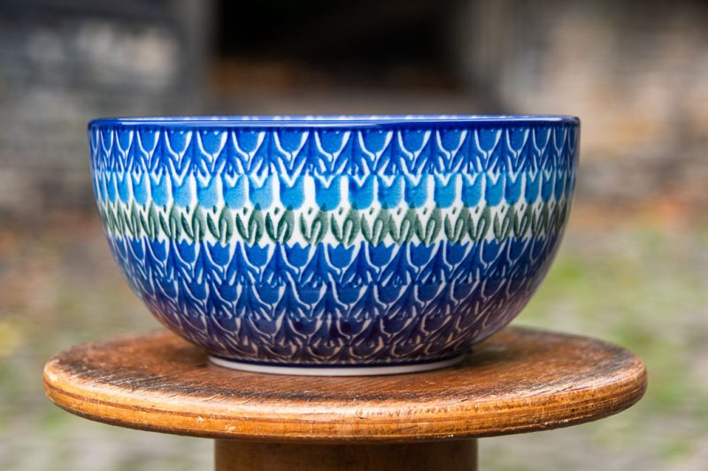 Polish Medium size bowl Blue Tulip pattern from Boleslawiec Poland. Manufactured by Ceramika Artystyczna