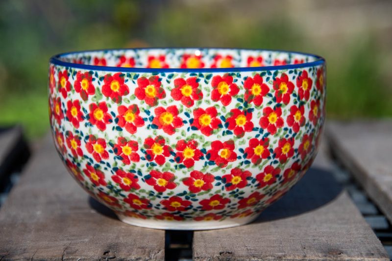 Polish Pottery Unikat Cereal Bowl Ditzy Red Flowers pattern by Caramika Manufaktura