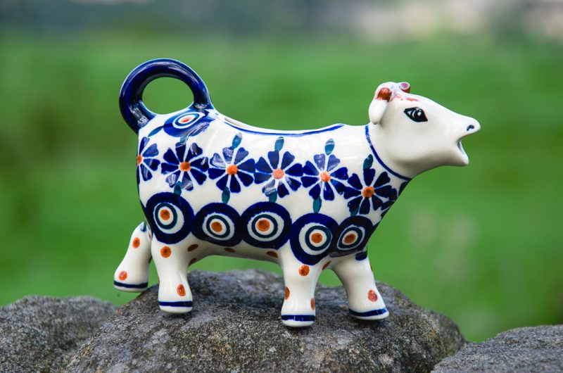 Polish Pottery Cow Shaped Milk Jug Peacock Daisy pattern by Ceramika Manufaktura