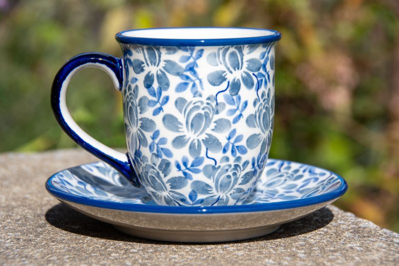 Polish Pottery Unikat Blue Leaf Flowers Cup and Saucer by Ceramika Manufaktura