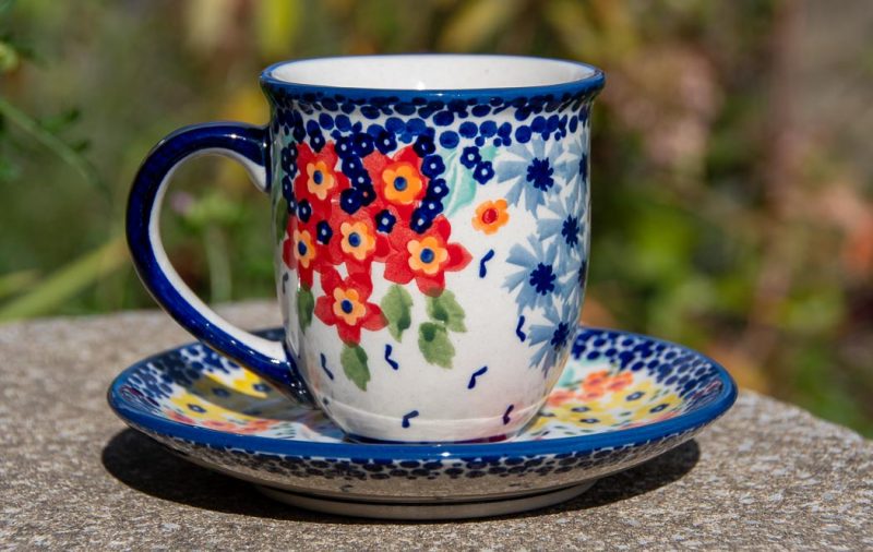 Polish Pottery Cappaccino Cup and Saucer Unikat pattern by Ceramika Manufaktura.