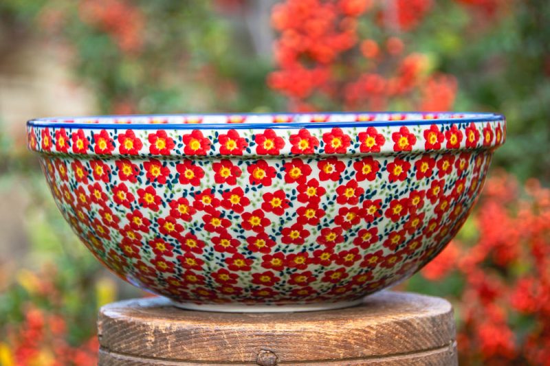 Polish Pottery Unikat Salad Bowl Ditzy Red Flowers pattern by Ceramika Manufaktura