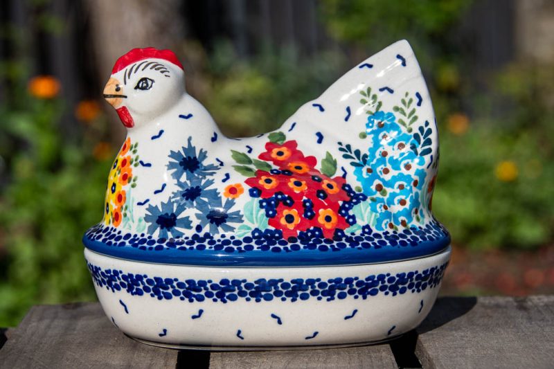 Polish Pottery Hen Egg Container Flower Garden Unikat pattern by Ceramika Manufaktura.