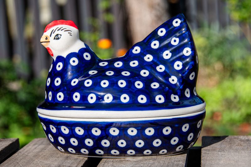 Polkadot Blue Hen Egg Container by Ceramika Manufaktura Boleslawiec