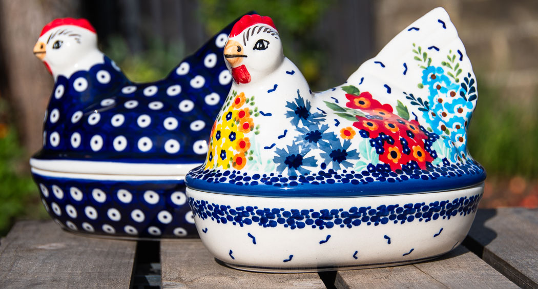 Polish Pottery Hen Egg Containers for the kitchen. Colourful and unique designs.