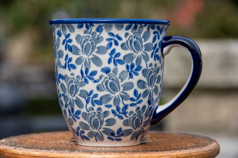 Polish Pottery Blue Leaf Flowers pattern Unikat Large Curved Mug by Ceramica Manufaktura