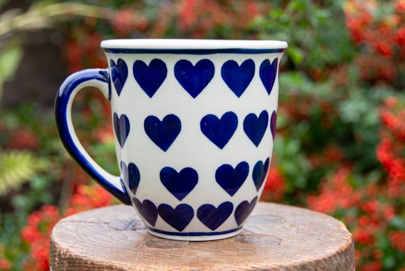 Polish Pottery Large Curved Mug Hearts pattern by Ceramika Manufaktura