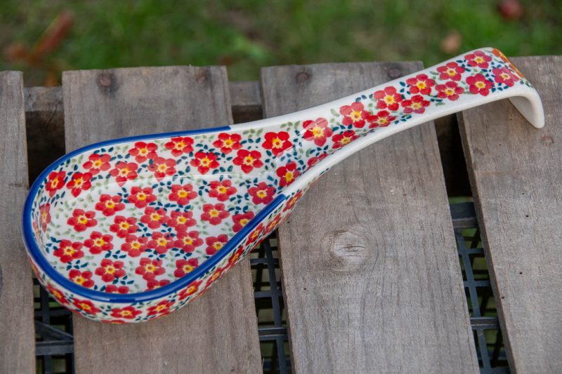 Polish pottery Long Spoon Rest Ditzy Red Flowers pattern by Ceramika Manufaktura