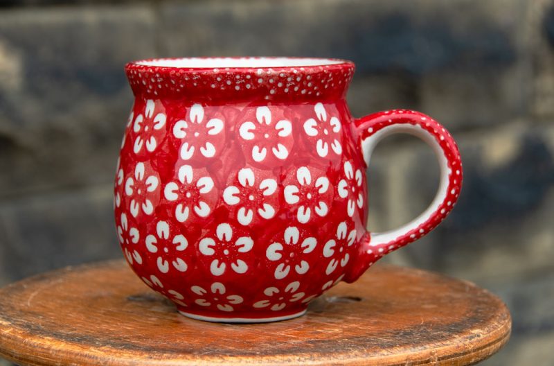 Medium Size Mug White Flowers on Red by Ceramika Manufaktura