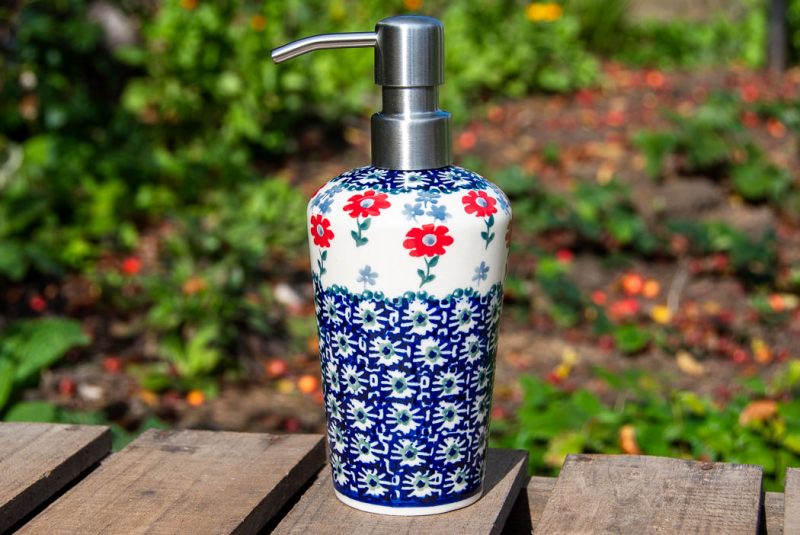 Polish Pottery Liquid Soap Dispenser Red Flowers pattern by Ceramika Manufaktura.