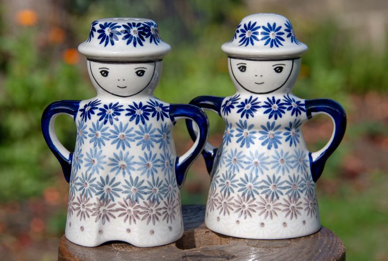 Polish Pottery Salt and Pepper Figurines Fading Flower Unikat pattern.