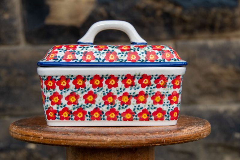 Polish Pottery Unikat Ditzy Red Flowers pattern Butter Box