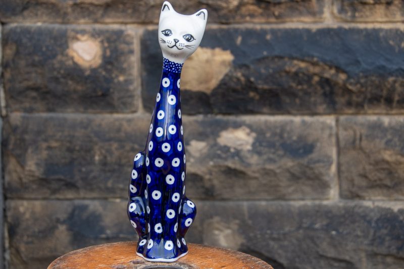 Polish Pottery Tall Cat Polkadot Blue pattern