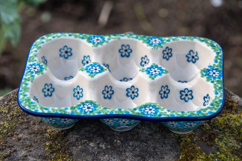 Polish Pottery Turquoise Daisy Egg Holder for 6 eggs by Ceramika Artystyczna