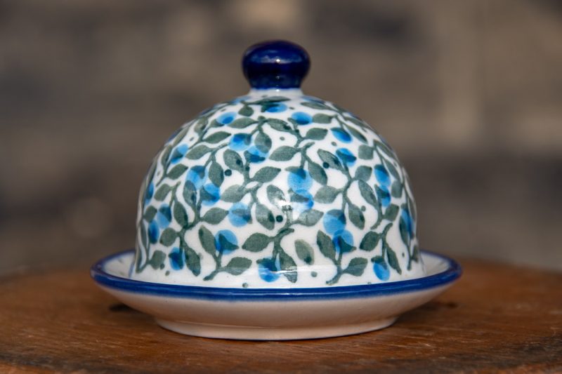 Polish Pottery Blue Berry Leaf Butter Bell by Ceramika Artystyczna Bolesławiec