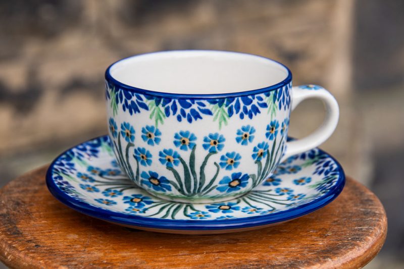 Polish Pottery Forget Me Not Cup and Saucer by Ceramika Artystyczna