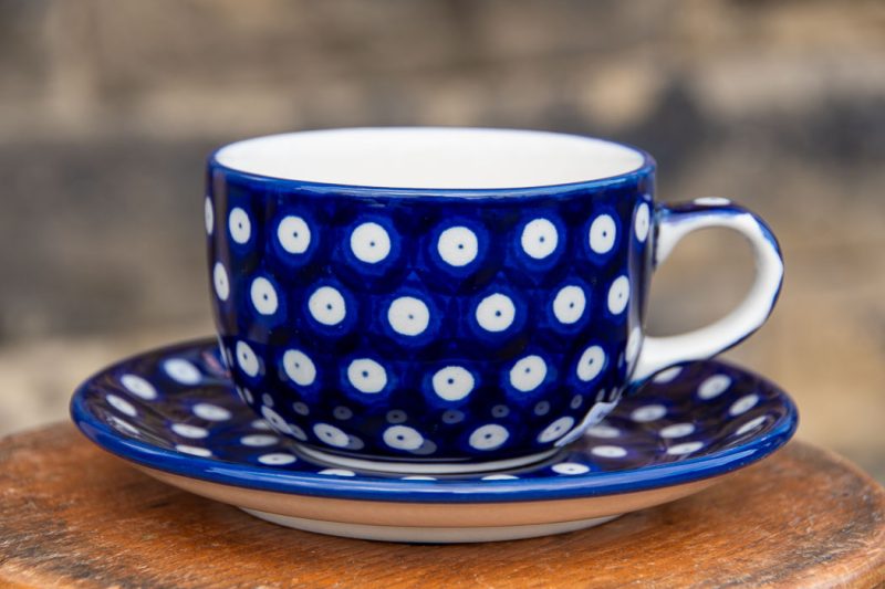 Polish pottery Cup and Saucer Polkadot Blue pattern by Ceramika Artystyczna.