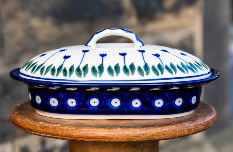 Polish Pottery Oval Dish with Lid Tulip Spot pattern by Ceramika Artystyczna Bolesławiec