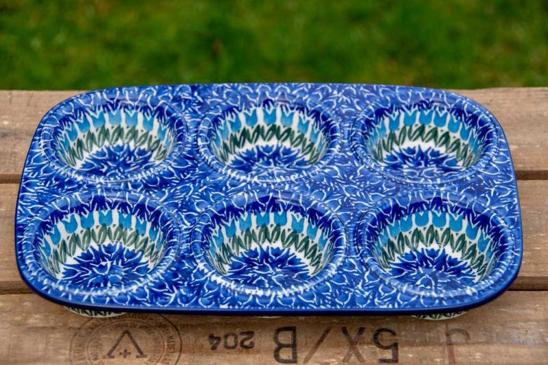Polish Pottery Bun Tin Blue Tulip pattern by Ceramika Artystyczna