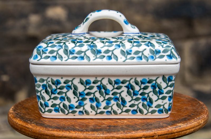 Polish Pottery Blue Berry Leaf Butter Box by Ceramika Artystyczna