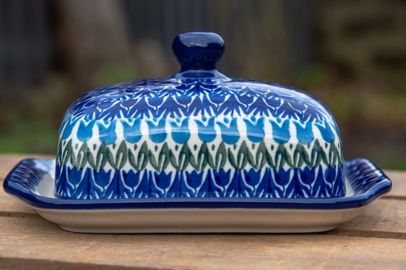 Polish Pottery Blue Tulip Butter Dish by Ceramika Artystyczna