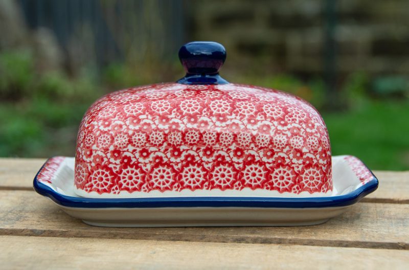 Polish pottery Butter Dish Red Pinwheel pattern by Ceramika Artystyczna