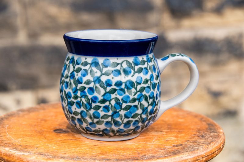 Polish Pottery Small Mug Blue Berry Leaf pattern by Ceramika Artystyczna